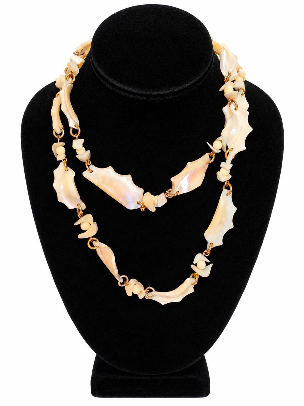 Vtg Iridescent Leaf shaped Mother of Pearl 32-in Art Necklace Beach Boho Hippie